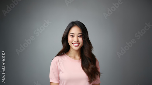 Beautiful Asian woman smile with her smooth skin look at camera in action posing of a professional model on white background in studio light, Generative AI