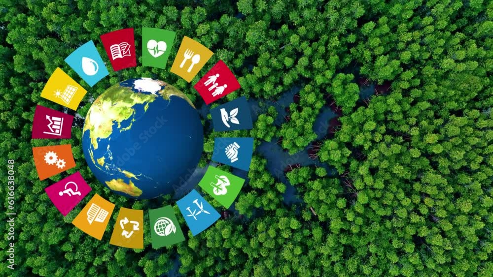 Environmental technology concept. Sustainable development goals. SDGs. Composite visual with a drone point of view. Mixed media.