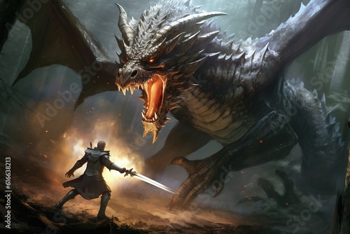Fantasy scene with dragon and knight in battle.Generative Ai © Rudsaphon