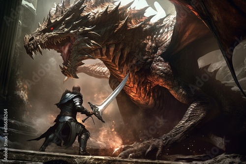 Fantasy scene with dragon and knight in battle.Generative Ai © Rudsaphon