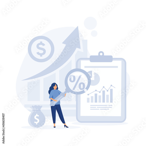 Man looking through magnifying glass at bill, check or invoice,  accounting and auditing service for business,  flat vector modern illustration. 