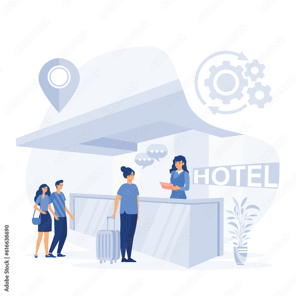 Receptionist welcomes the guest, Check into hotel. Hostel interior with administrator. flat vector modern illustration Receptionist welcomes the guest, Check into hotel. Hostel interior with administrator. flat vector modern illustration