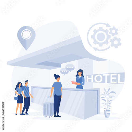Receptionist welcomes the guest, Check into hotel. Hostel interior with administrator.  flat vector modern illustration