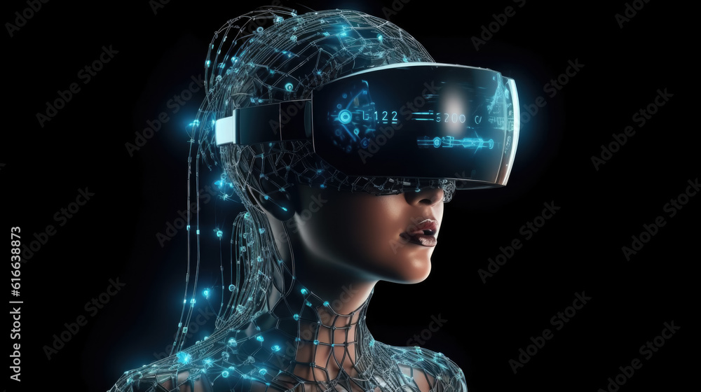woman in vr googles on virtual reality background. future technologies, cyber attacks. generative AI woman in vr googles on virtual reality background. future technologies, cyber attacks. generative AI
