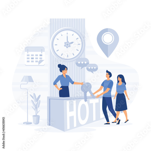 Hotel scene with couple checking in. Man and woman at reception counter with luggage, receptionist giving key from room. flat vector modern illustration