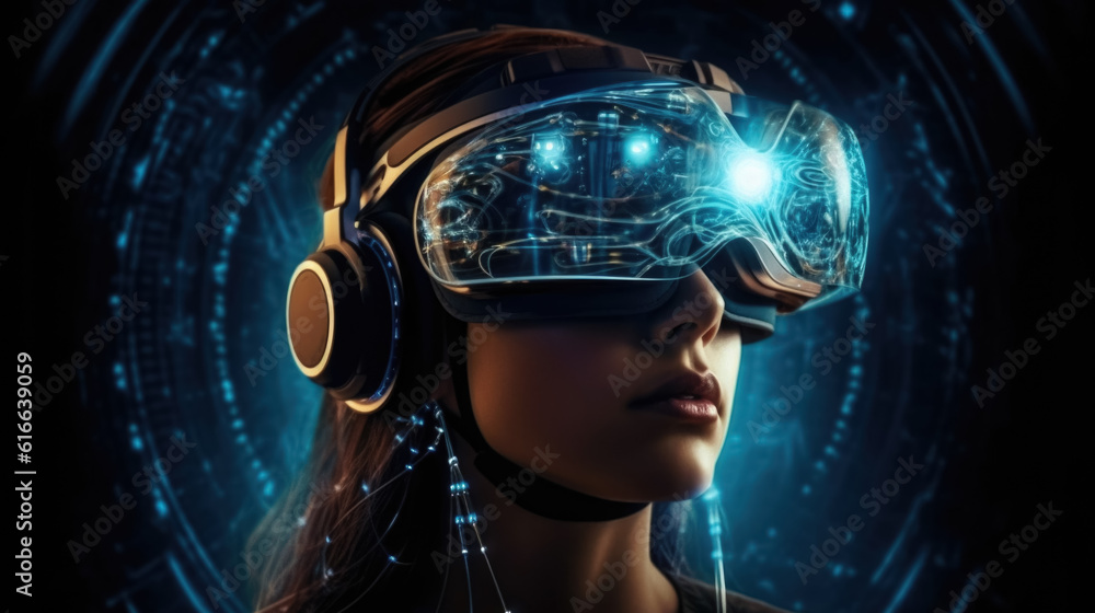woman in vr helmet on virtual reality background. future technologies, cyber attacks. generative AI woman in vr helmet on virtual reality background. future technologies, cyber attacks. generative AI