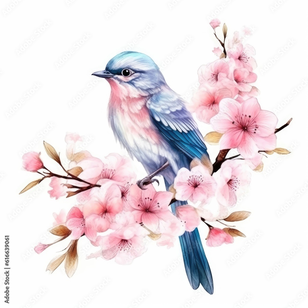 An isolated watercolor bird and flower illustration on white background. (Illustration, Generative AI)