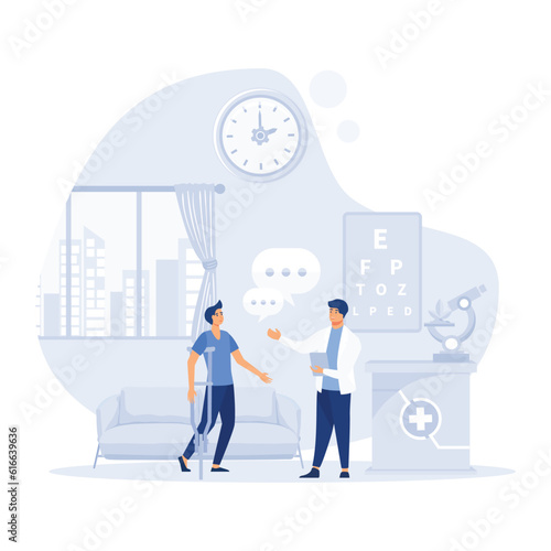 Modern clinic reception, Smiling doctor, woman with prosthesis and receptionist, flat vector modern illustration