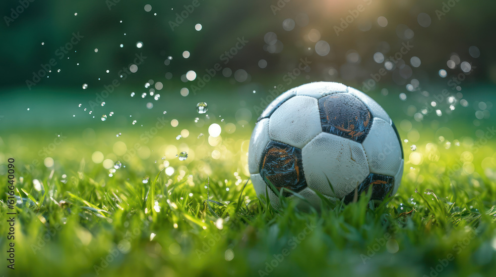 Naklejka premium A soccer ball on the grass with dew