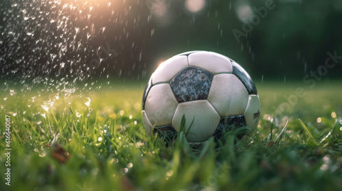 A soccer ball on the grass with dew © tashechka