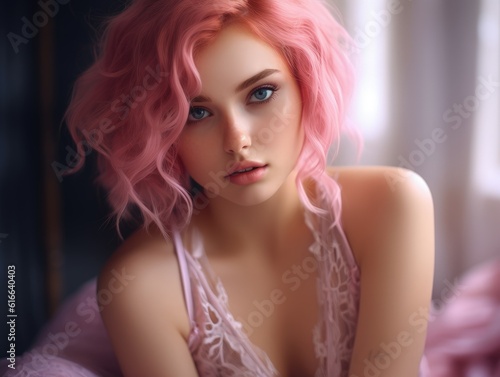 Beautiful hot girl with pink hair in the style of Sailor Moon