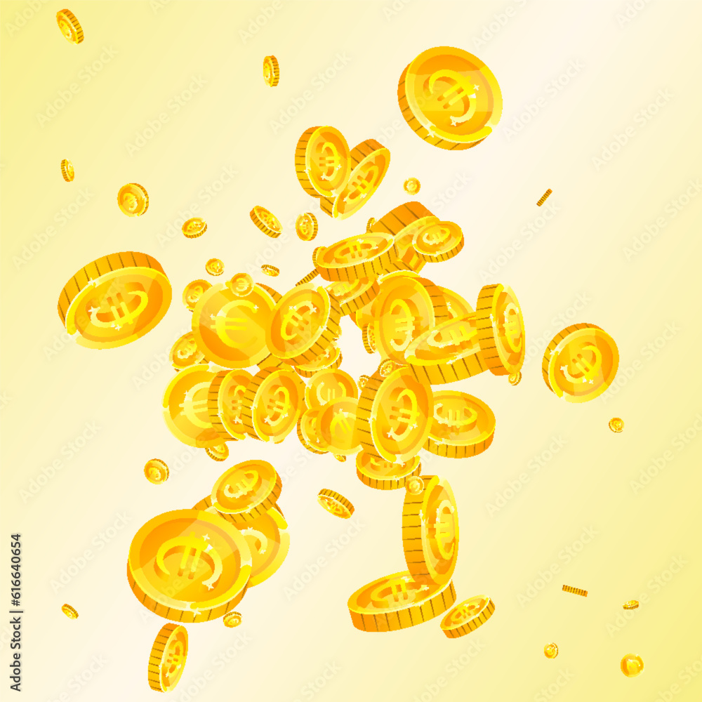 European Union Euro coins falling. Scattered gold