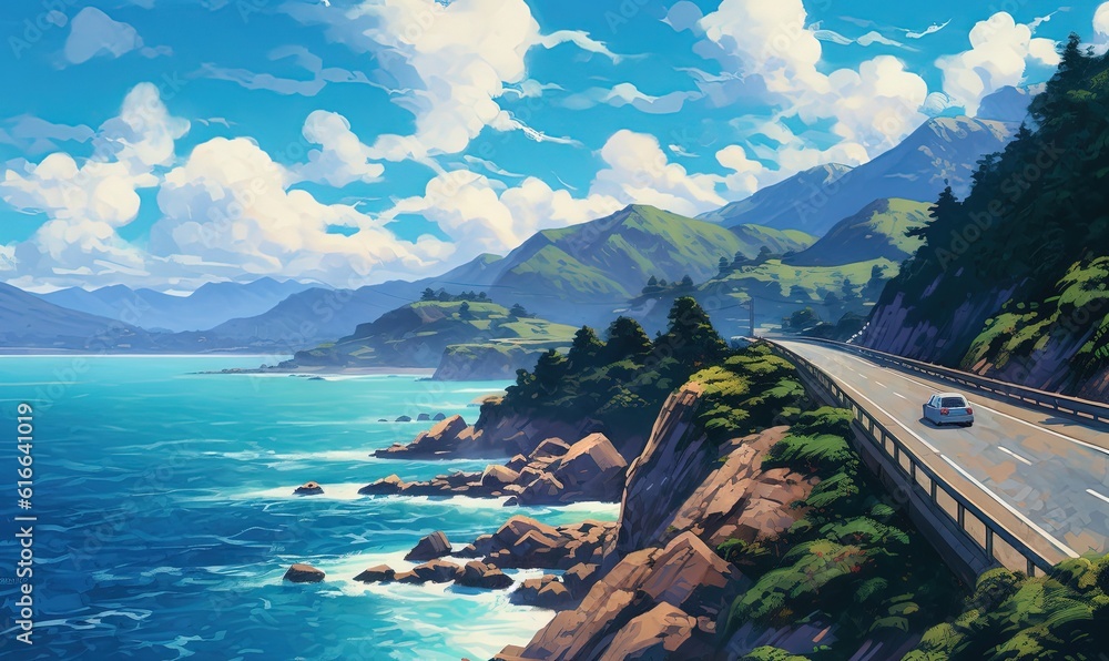  a painting of a highway going over a cliff into the ocean.  generative ai