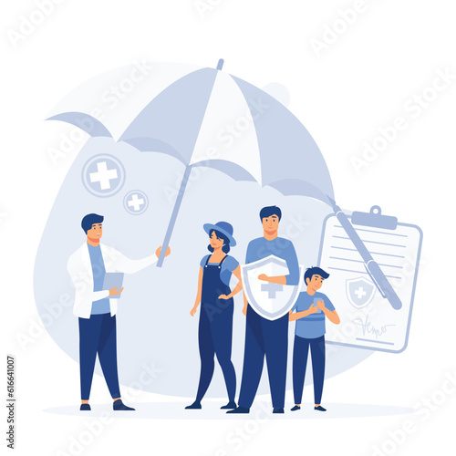 Doctor and Patients in Hospital filling Health and Life Insurance Policy Contract. Health Care Concept. flat vector modern illustration