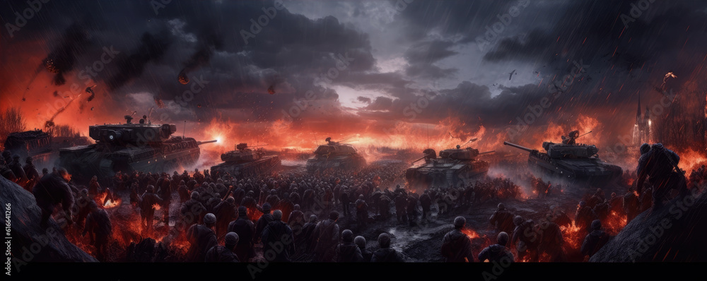 Battlefield, army, soldiers, weapons, fire. generative ai Battlefield, army, soldiers, weapons, fire. generative ai