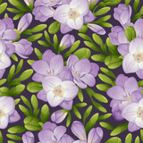 Seamless pattern with freesia flowers. Texture with purple flowers and green buds. Floral print for fabric, textile, paper, wallpaper, etc.