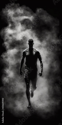 Silhouette of a football player standing on a dark background and smoke