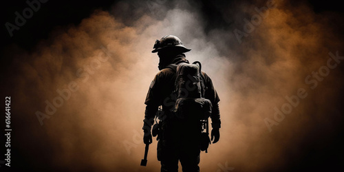 Silhouette of a firefighter standing on a dark background and smoke