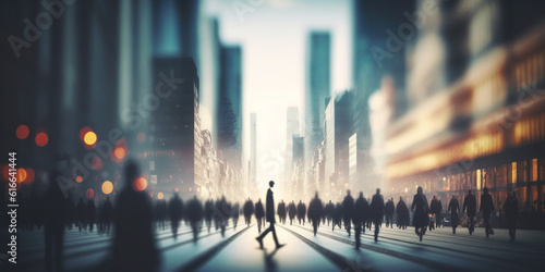Blurred business people walking in the city scape , panoramic view of people crossing the road