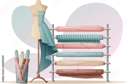 Illustration of manikin and rolls of fabric against white background. Sewing tools, needlework, hobby, craft, workplace. Light industry, clothing production.