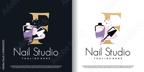 initial letter F logo design template with nail polish icon and creative concept premium vector