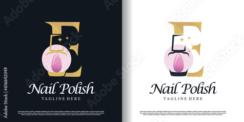 initial letter E logo design template with nail polish icon and creative concept premium vector
