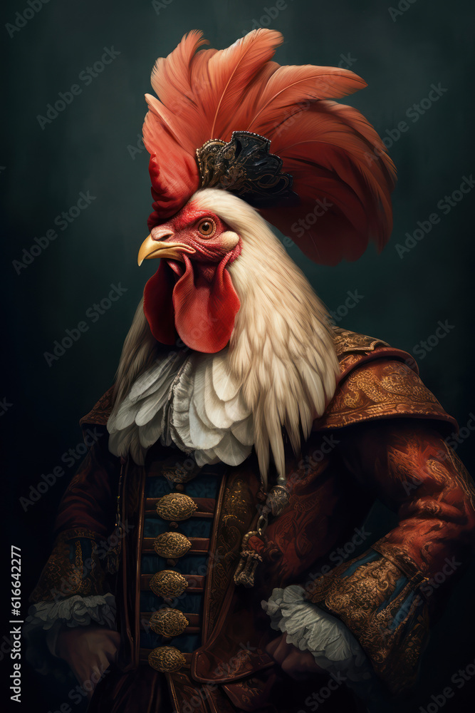 A rooster in hat and feathers wearing a cloak, in the style of baroque