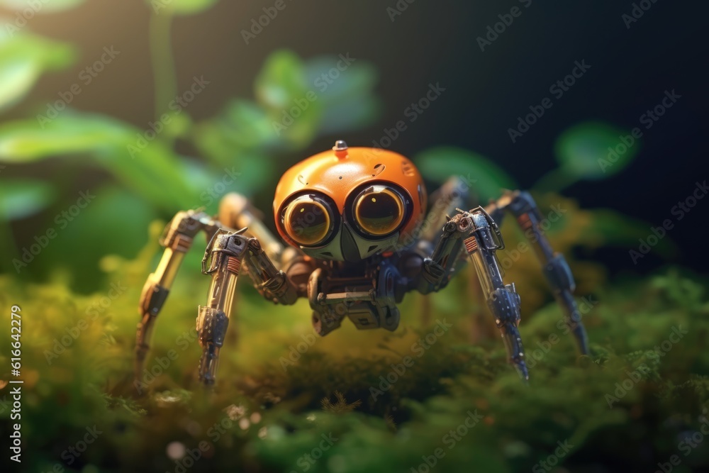 Close up of robot spider in the nature. Generative AI art Close up of robot spider in the nature. Generative AI art