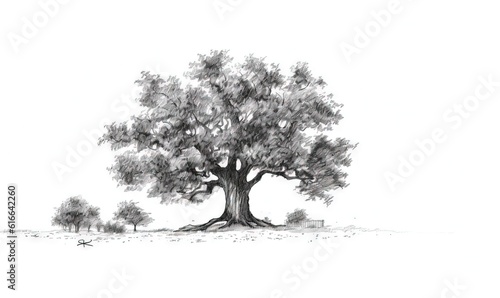  a drawing of a tree in a field with a bench.  generative ai