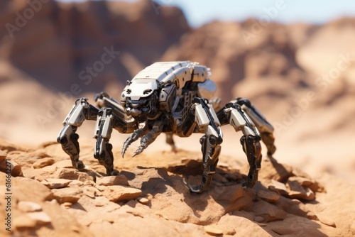 Close up of robot scorpion the desert. Generative AI art © Drpixel