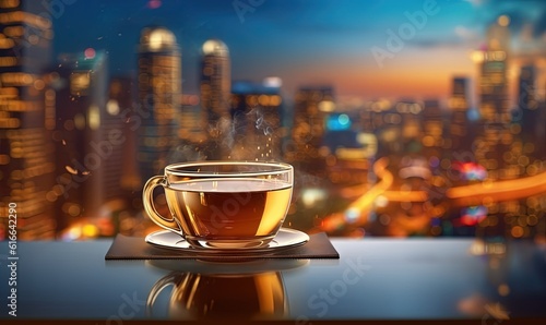  a cup of tea on a table in front of a cityscape. generative ai