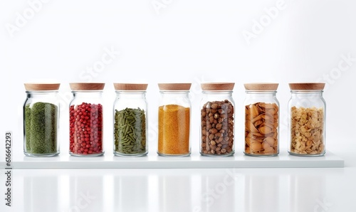  a row of glass jars filled with different types of food.  generative ai