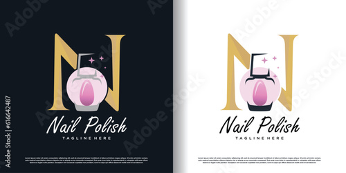initial letter N logo design template with nail polish icon and creative concept premium vector