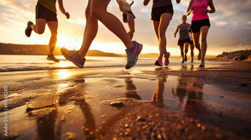 Energischer Lauf am Strand: Beine von Jogginggruppe im Close-up bei Sonnenaufgang