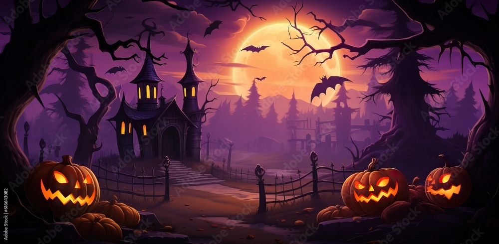 halloween themed cartoon background with pumpkins, creepy ghosts, and witches, in the style of dark pink and orange