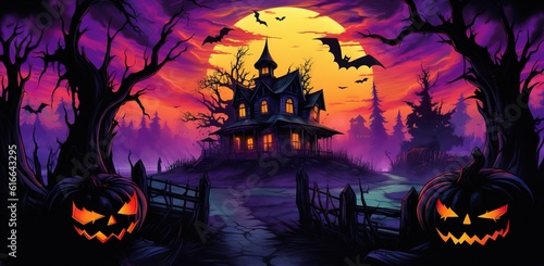 Fotografie, Obraz halloween themed cartoon background with pumpkins, creepy ghosts, and witches, i