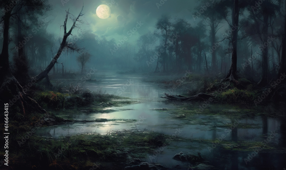  a painting of a swamp at night with a full moon.  generative ai