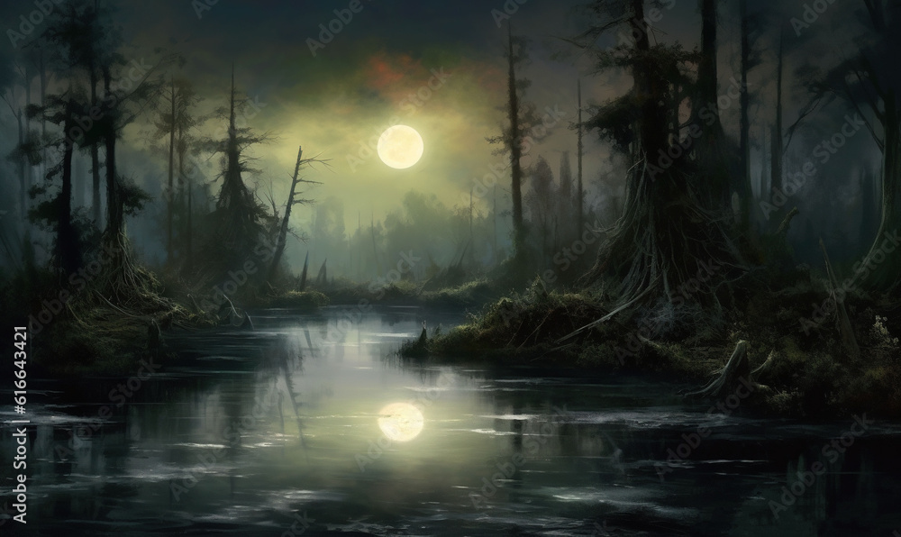 a painting of a swamp at night with a full moon. generative ai a painting of a swamp at night with a full moon. generative ai