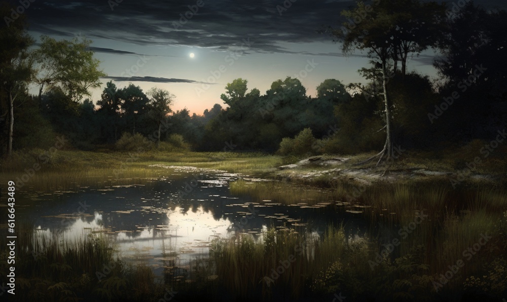 Obraz premium a painting of a swamp at night with a full moon. generative ai