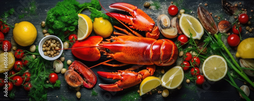 Widescreen top view, appetizer, lobster served with vegetables. generative ai