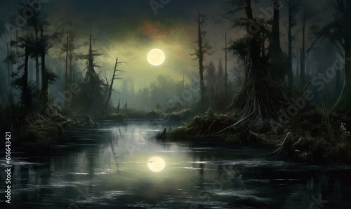  a painting of a swamp at night with a full moon.  generative ai © Anna