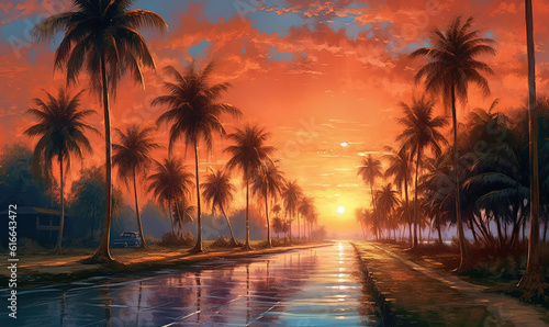  a painting of a sunset with palm trees and a body of water.  generative ai © Anna