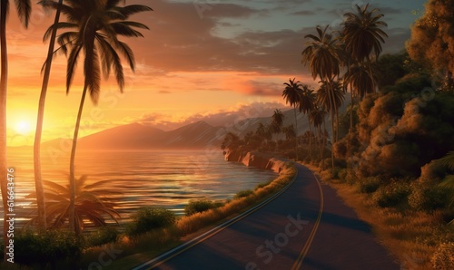  a painting of a sunset on a tropical island with palm trees. generative ai