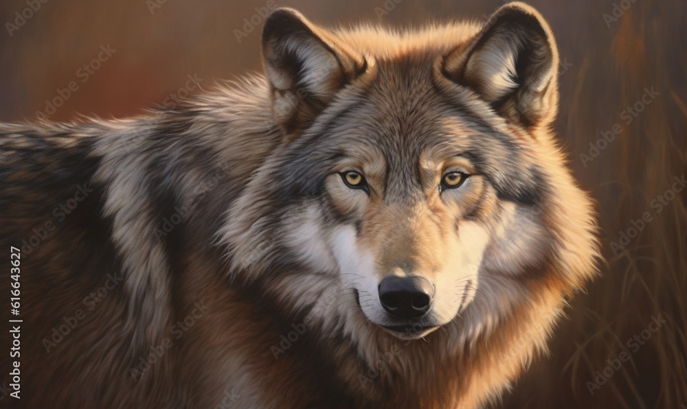  a painting of a wolf looking at the camera with a blurry background.  generative ai