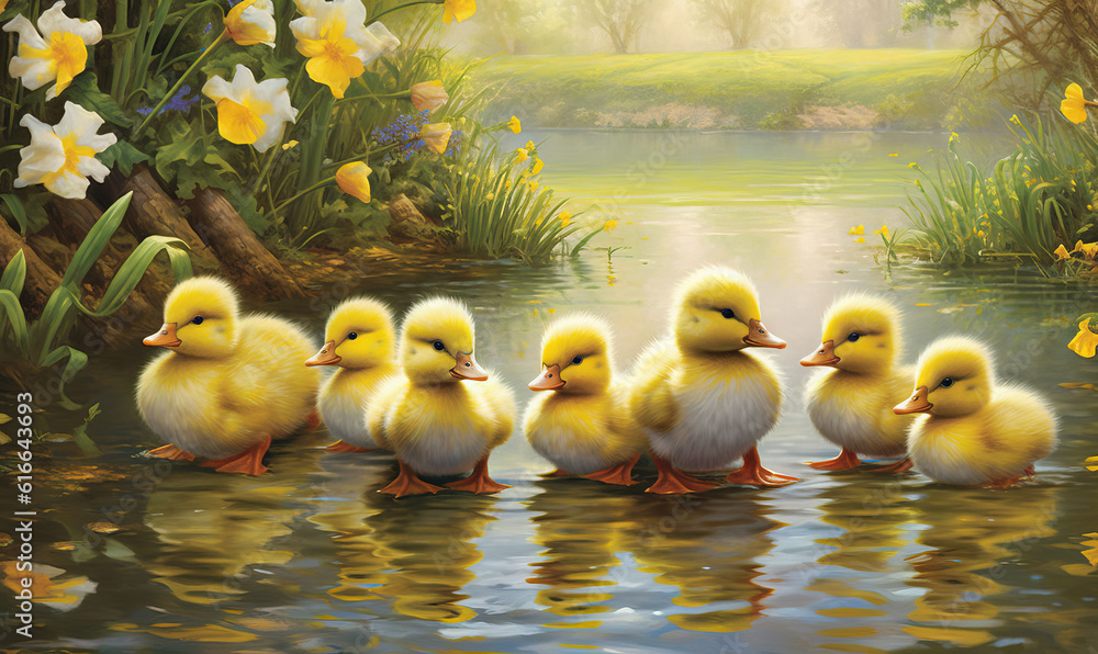 a painting of a family of ducks in a pond with daffodils. generative ai a painting of a family of ducks in a pond with daffodils. generative ai