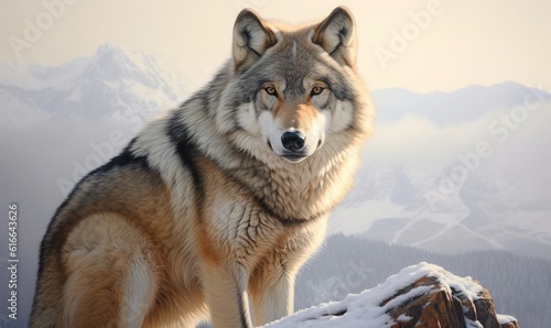  a wolf standing on top of a snow covered mountain side.  generative ai