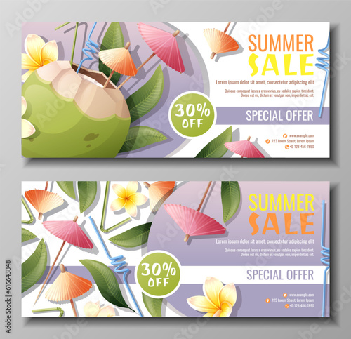 Set of discount flyer templates with coconut cocktail, umbrellas and frangipani flowers. Coupon for summer sales.