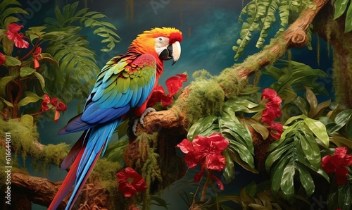  a colorful parrot perched on a branch in a forest with red flowers. generative ai
