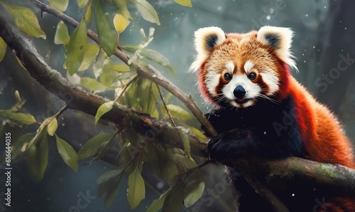  a red panda sitting on a tree branch in a forest. generative ai