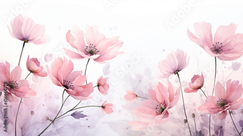 gorgeous pink flowers blowing in the wind white background, like watercolor paint © JensDesign